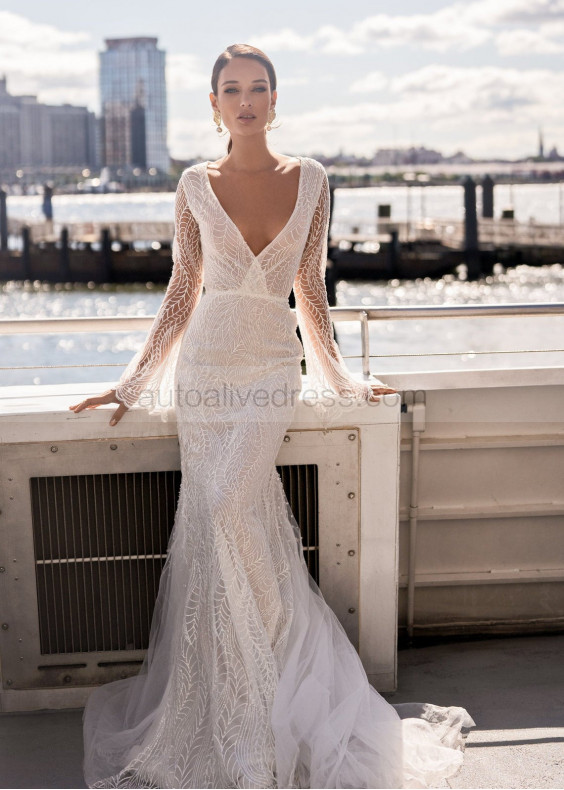 Long Sleeve Ivory Lace Wedding Dress Cathedral Dress